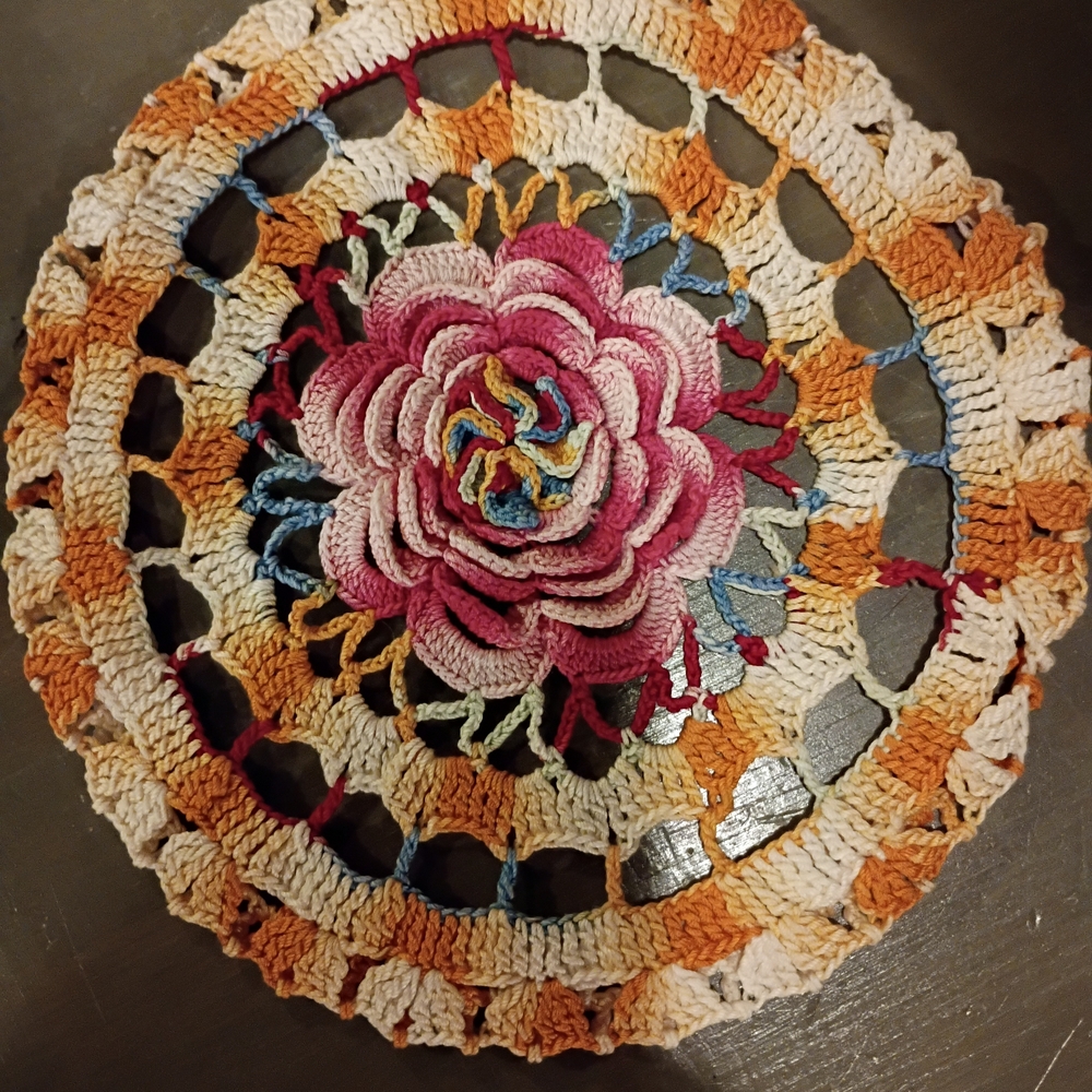 American Vintage Crochet Floral Doily in Pink, Cream, Orange, Blue